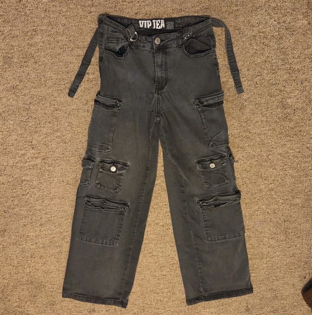 VIP Jeans Juniors Black Dark Wash Cargo Denim Stretch Multi Pocket Y2k 9/29